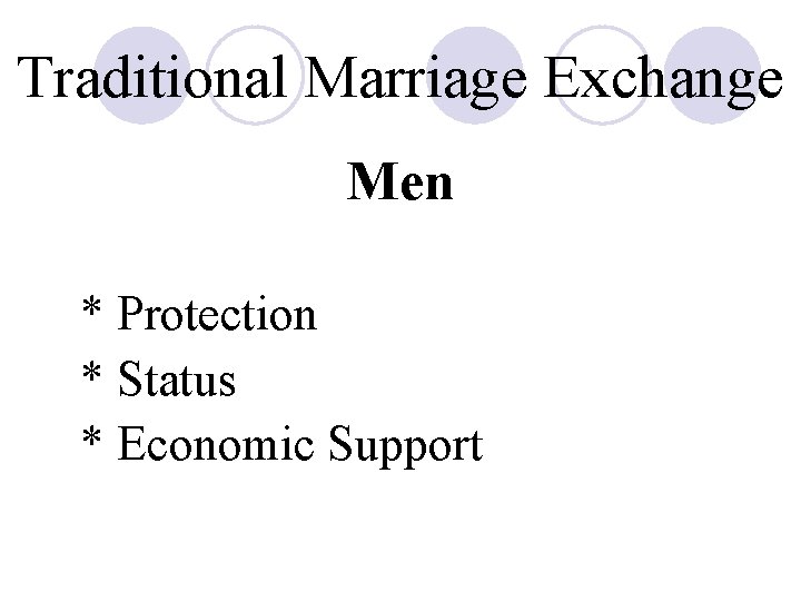 Traditional Marriage Exchange Men * Protection * Status * Economic Support 