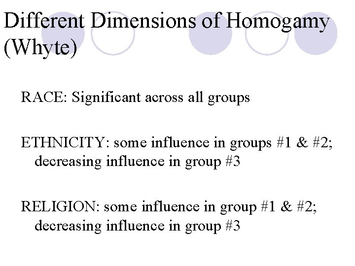 Different Dimensions of Homogamy (Whyte) RACE: Significant across all groups ETHNICITY: some influence in