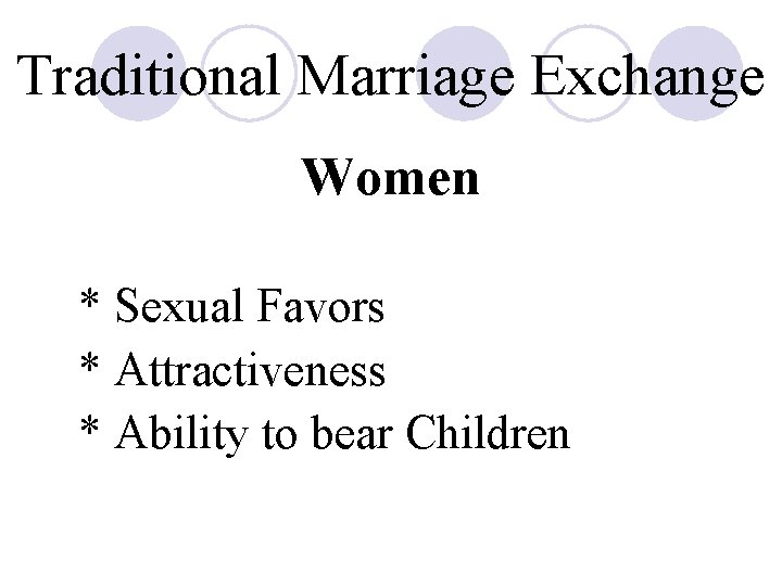 Traditional Marriage Exchange Women * Sexual Favors * Attractiveness * Ability to bear Children