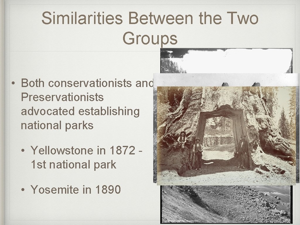 Similarities Between the Two Groups • Both conservationists and Preservationists advocated establishing national parks