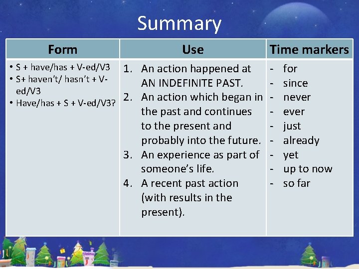 Summary Form Use Time markers • S + have/has + V-ed/V 3 1. An