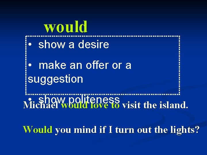 would • show a desire • make an offer or a suggestion • show