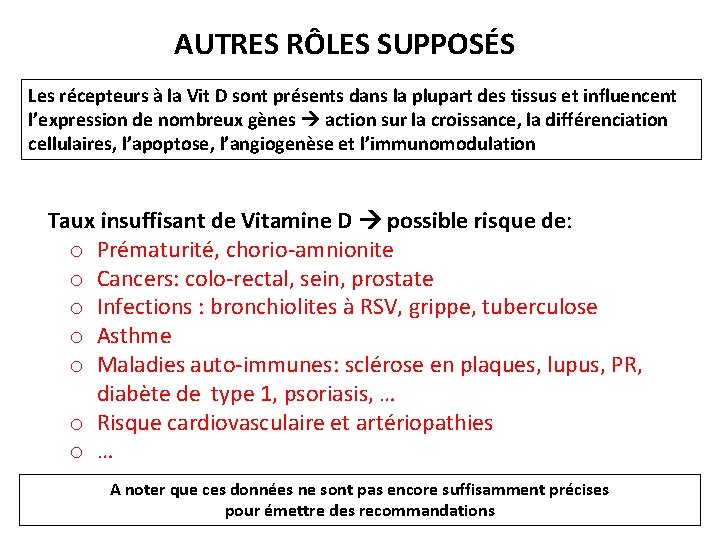 AUTRES RÔLES SUPPOSÉS Les récepteurs à la Vit D sont présents dans la plupart