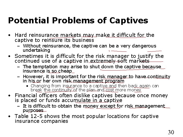 Potential Problems of Captives • Hard reinsurance markets may make it difficult for the