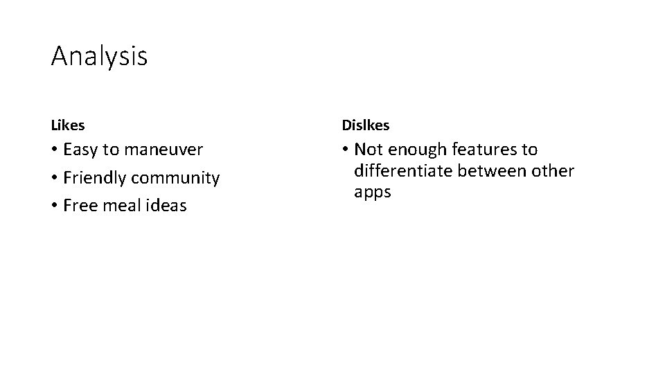 Analysis Likes Dislkes • Easy to maneuver • Friendly community • Free meal ideas