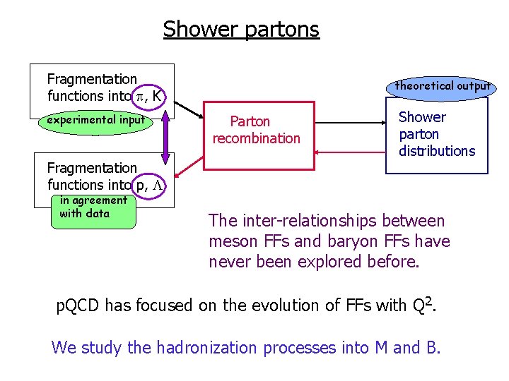 Shower partons Fragmentation functions into , K experimental input Fragmentation functions into p, in