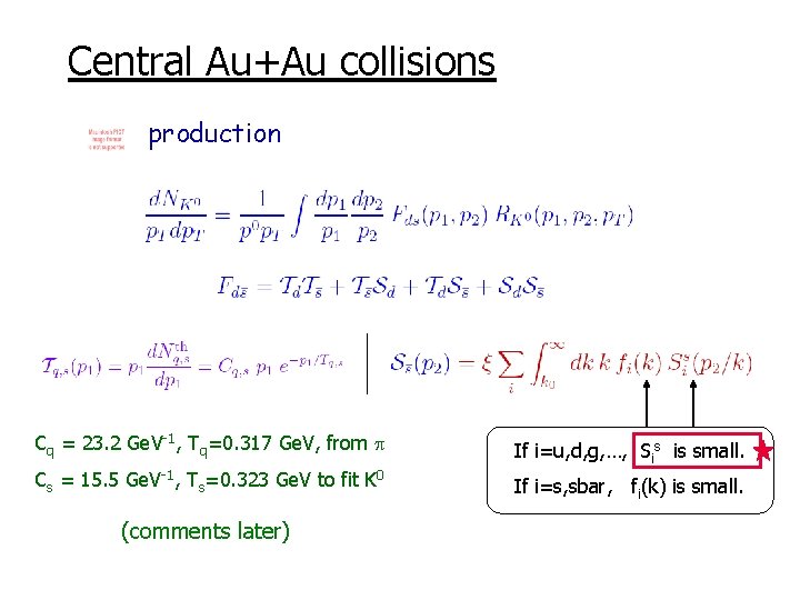 Central Au+Au collisions production Cq = 23. 2 Ge. V-1, Tq=0. 317 Ge. V,