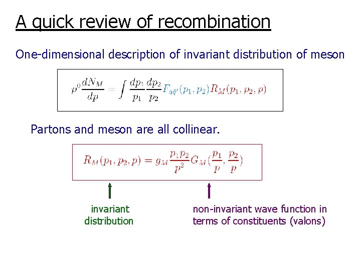 A quick review of recombination One-dimensional description of invariant distribution of meson Partons and