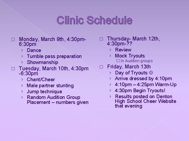 Clinic Schedule � Monday, March 9 th, 4: 30 pm 6: 30 pm ›