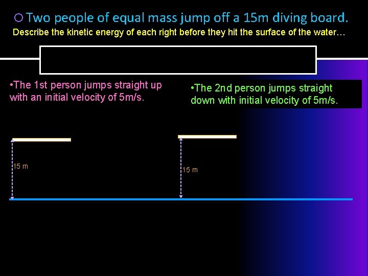  Two people of equal mass jump off a 15 m diving board. Describe