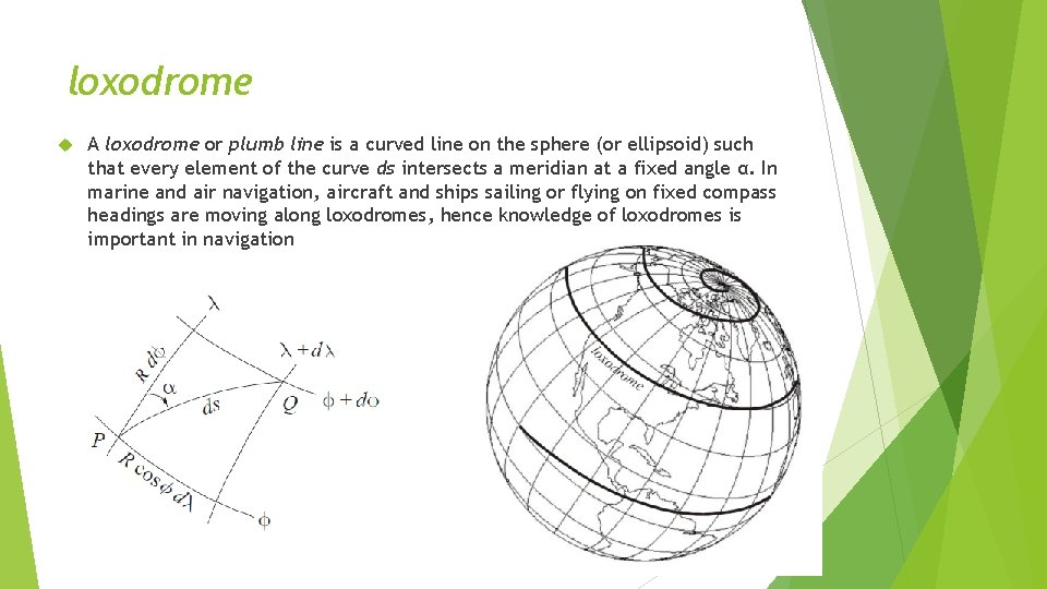 loxodrome A loxodrome or plumb line is a curved line on the sphere (or