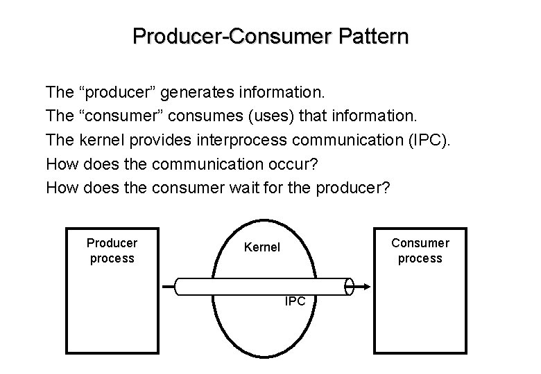 Producer-Consumer Pattern The “producer” generates information. The “consumer” consumes (uses) that information. The kernel