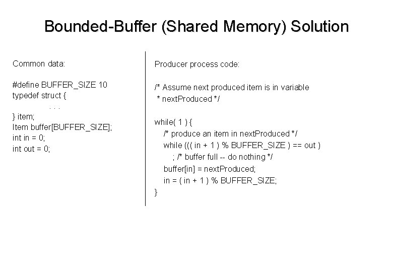 Bounded-Buffer (Shared Memory) Solution Common data: Producer process code: #define BUFFER_SIZE 10 typedef struct