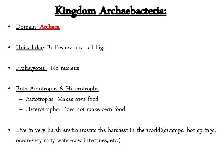Kingdom Archaebacteria: • Domain- Archaea • Unicellular- Bodies are one cell big. • Prokaryotes