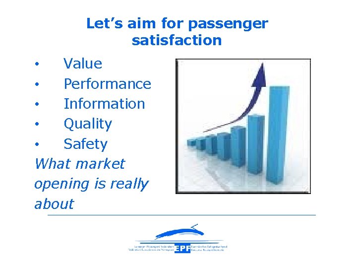 Let’s aim for passenger satisfaction • Value • Performance • Information • Quality •