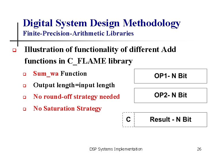 Digital System Design Methodology Finite-Precision-Arithmetic Libraries q Illustration of functionality of different Add functions