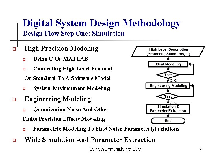 Digital System Design Methodology Design Flow Step One: Simulation q High Precision Modeling q