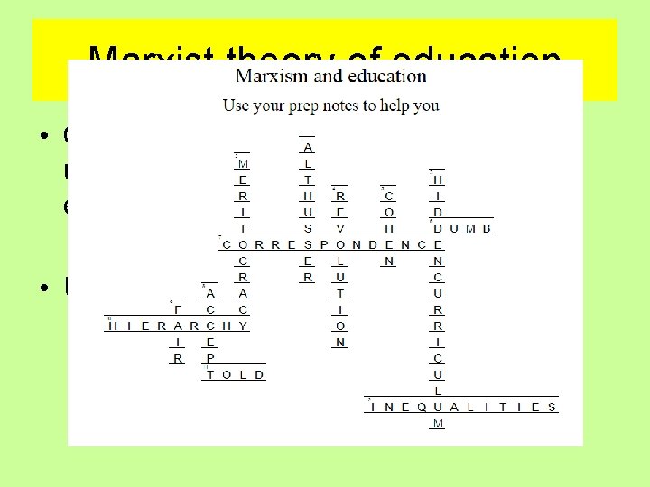 Marxist theory of education • Complete the crossword to develop your understanding of the