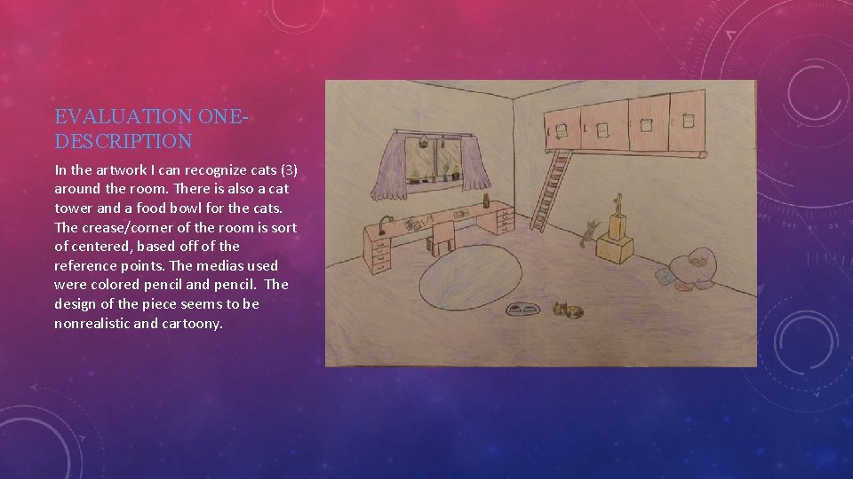 EVALUATION ONEDESCRIPTION In the artwork I can recognize cats (3) around the room. There