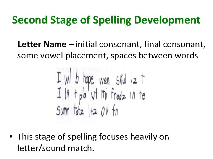 Second Stage of Spelling Development Letter Name – initial consonant, final consonant, some vowel