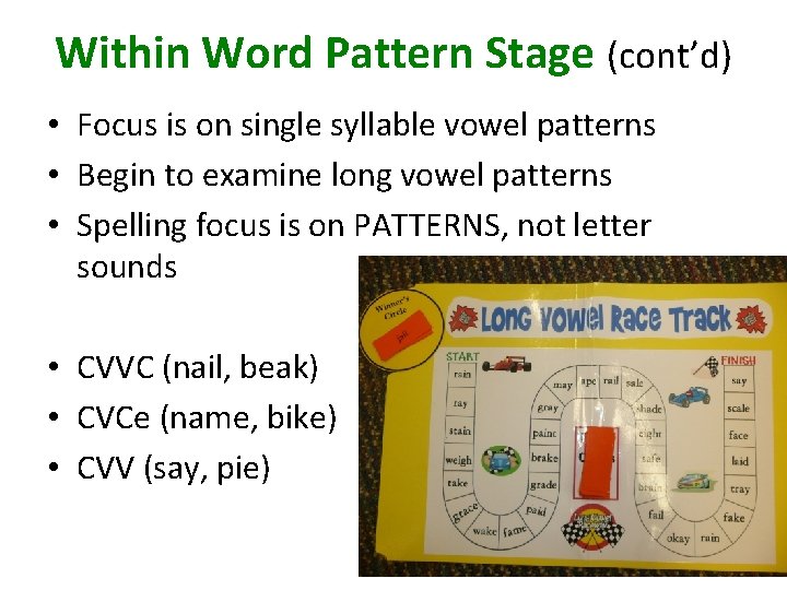 Within Word Pattern Stage (cont’d) • Focus is on single syllable vowel patterns •
