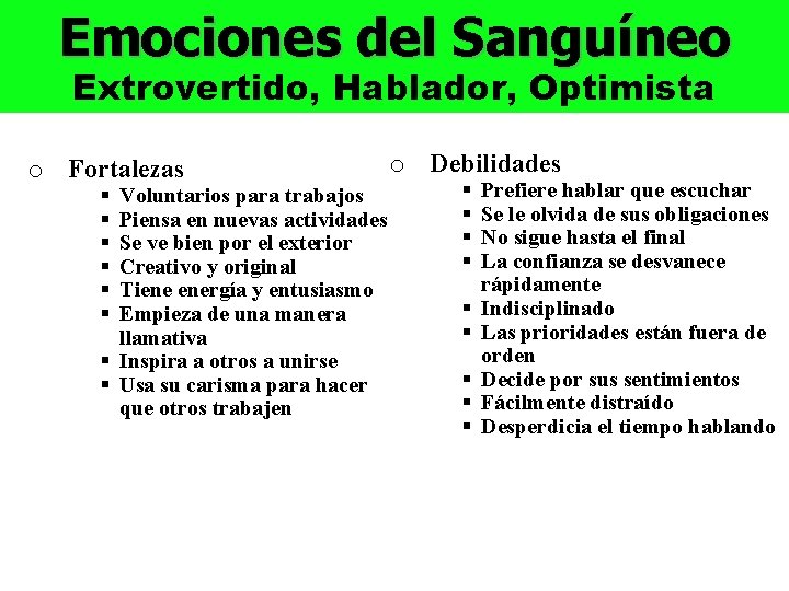 Emociones del Sanguíneo Extrovertido, Hablador, Optimista o Fortalezas § § § Voluntarios para trabajos