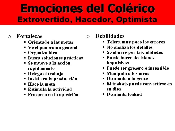 Emociones del Colérico Extrovertido, Hacedor, Optimista o Fortalezas § § § § § Orientado