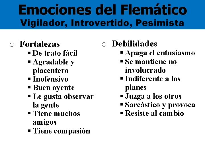 Emociones del Flemático Vigilador, Introvertido, Pesimista o Fortalezas § De trato fácil § Agradable