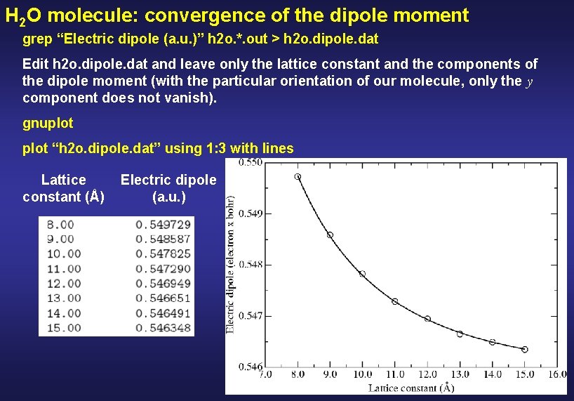 H 2 O molecule: convergence of the dipole moment grep “Electric dipole (a. u.