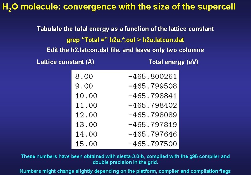 H 2 O molecule: convergence with the size of the supercell Tabulate the total