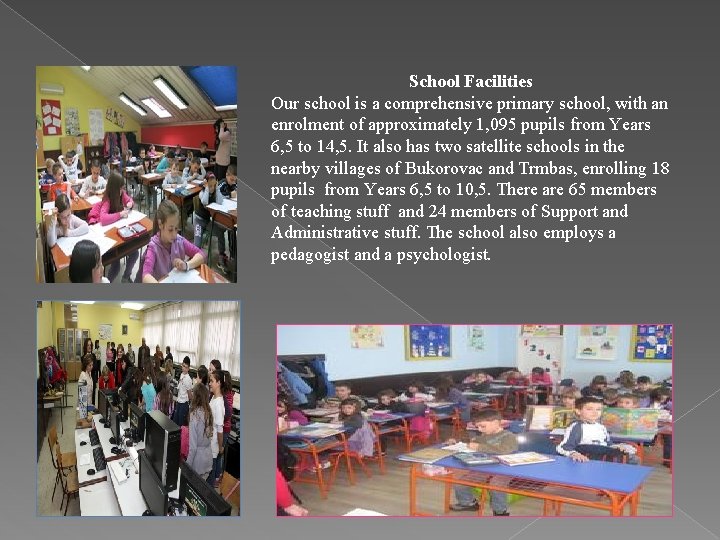 School Facilities Our school is a comprehensive primary school, with an enrolment of approximately