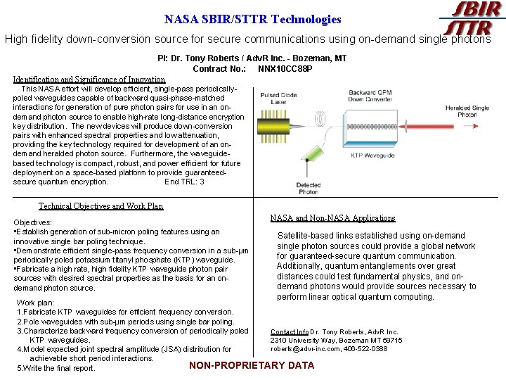 NASA SBIR/STTR Technologies High fidelity down-conversion source for secure communications using on-demand single photons