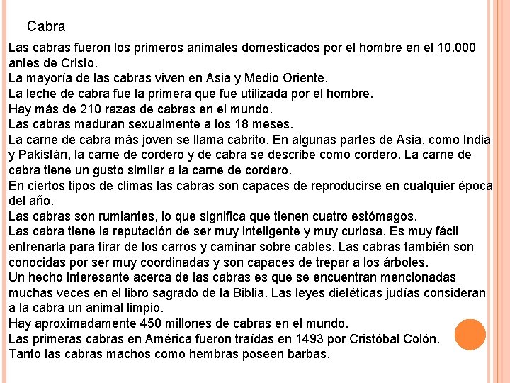 Cabra Las cabras fueron los primeros animales domesticados por el hombre en el 10.