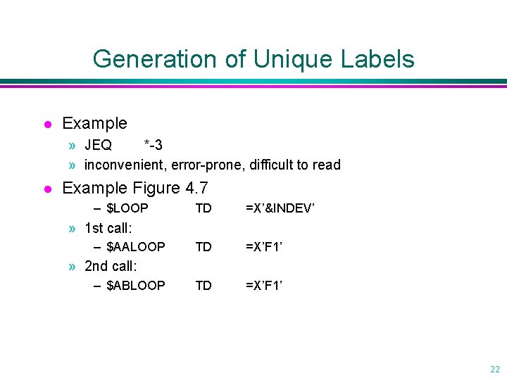 Generation of Unique Labels l Example » JEQ *-3 » inconvenient, error-prone, difficult to