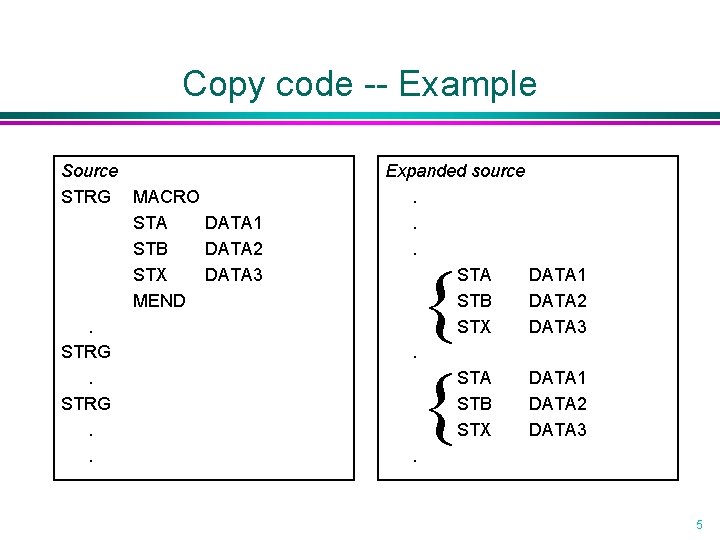 Copy code -- Example Source STRG MACRO STA DATA 1 STB DATA 2 STX