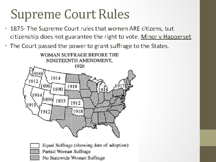 Supreme Court Rules • 1875 - The Supreme Court rules that women ARE citizens,