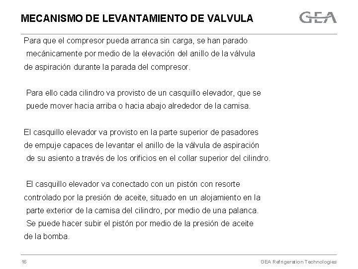 MECANISMO DE LEVANTAMIENTO DE VALVULA Para que el compresor pueda arranca sin carga, se