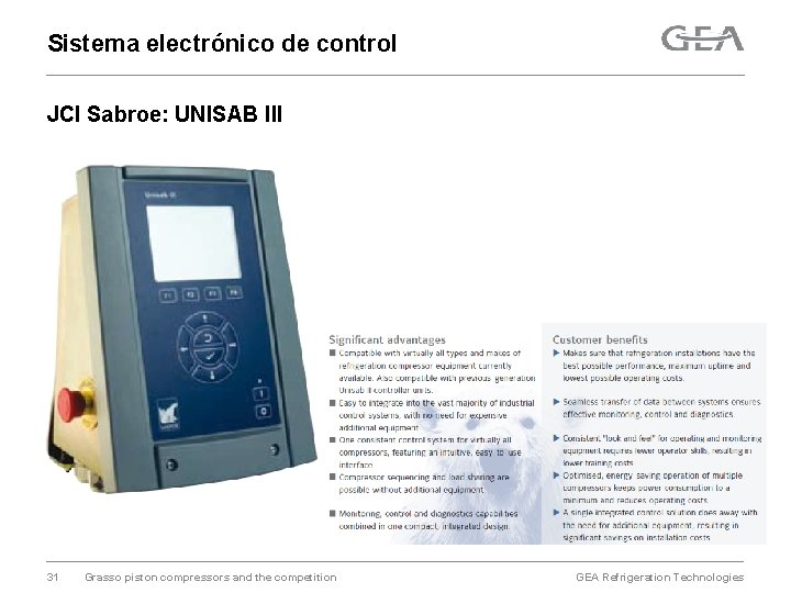 Sistema electrónico de control JCI Sabroe: UNISAB III 31 Grasso piston compressors and the