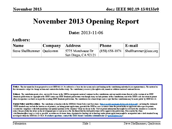 November 2013 doc. : IEEE 802. 19 -13/0133 r 0 November 2013 Opening Report
