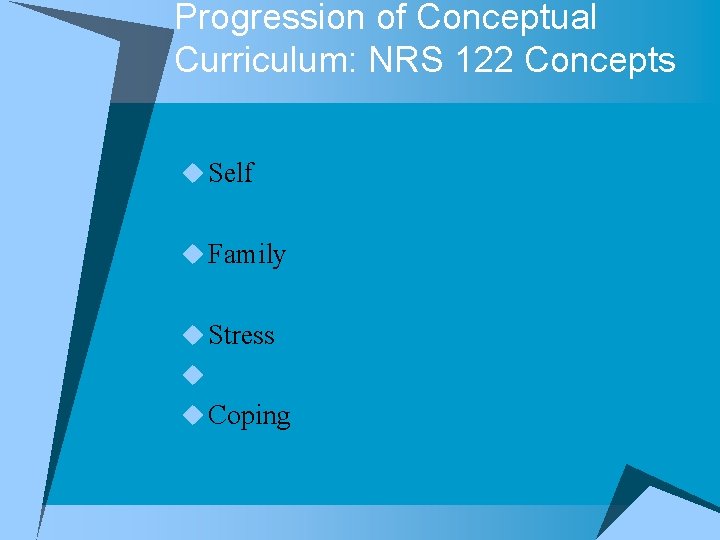 Progression of Conceptual Curriculum: NRS 122 Concepts u Self u Family u Stress u