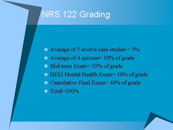 NRS 122 Grading u Average of 5 evolve case studies = 5% u Average