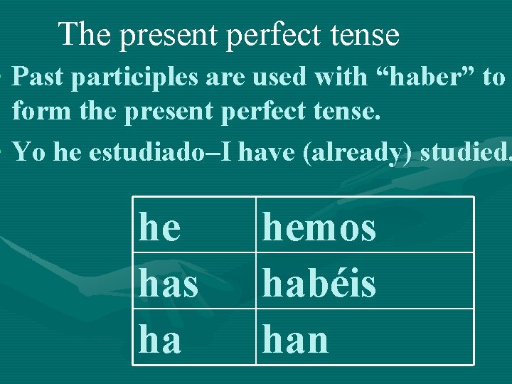 The present perfect tense • Past participles are used with “haber” to form the