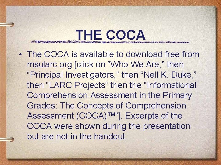 THE COCA • The COCA is available to download free from msularc. org [click