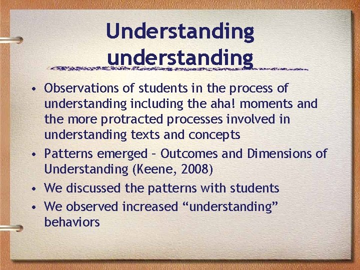 Understanding understanding • Observations of students in the process of understanding including the aha!