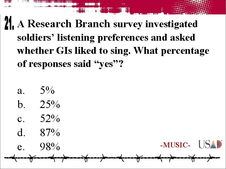 A Research Branch survey investigated soldiers’ listening preferences and asked whether GIs liked to