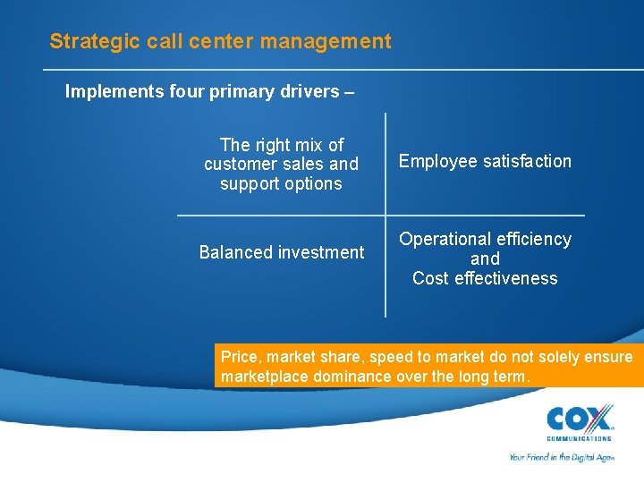 Strategic call center management Implements four primary drivers – The right mix of customer