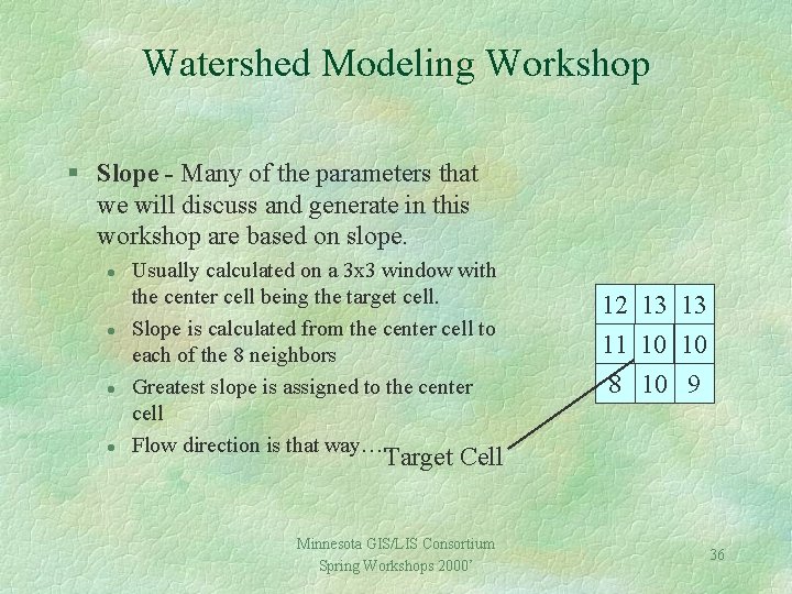 Watershed Modeling Workshop § Slope - Many of the parameters that we will discuss