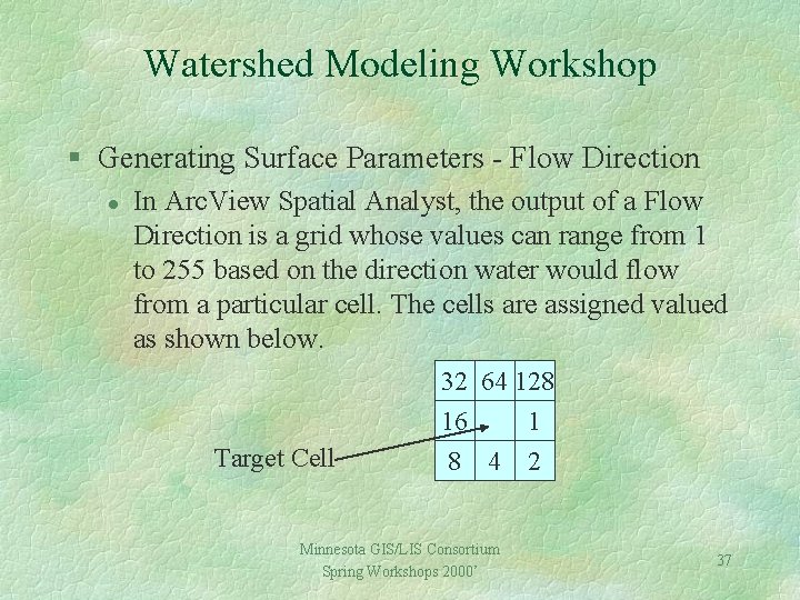 Watershed Modeling Workshop § Generating Surface Parameters - Flow Direction l In Arc. View