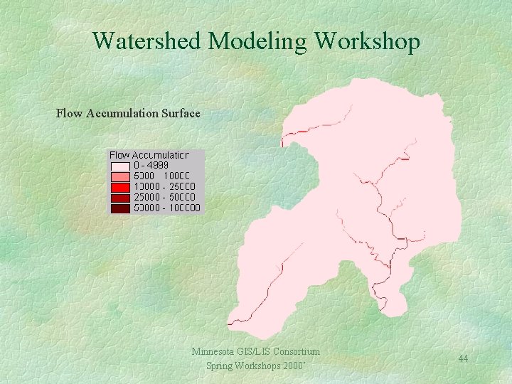 Watershed Modeling Workshop Flow Accumulation Surface Minnesota GIS/LIS Consortium Spring Workshops 2000’ 44 