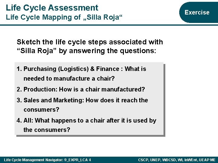 Life Cycle Assessment Exercise Life Cycle Mapping of „Silla Roja“ Sketch the life cycle